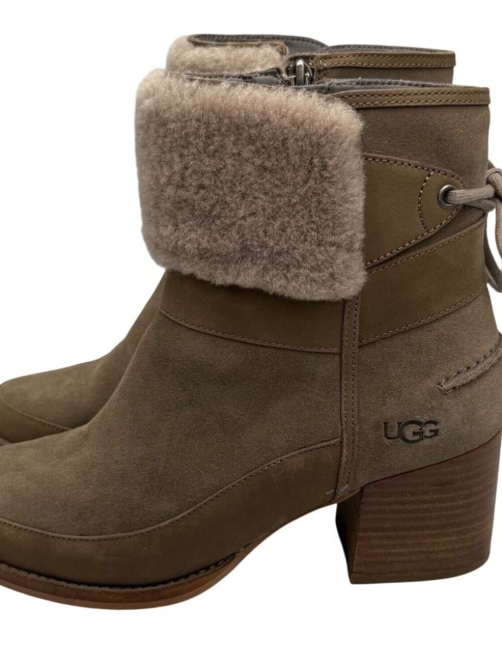UGG Taupe Suede Shearling Cuff Heel Booties